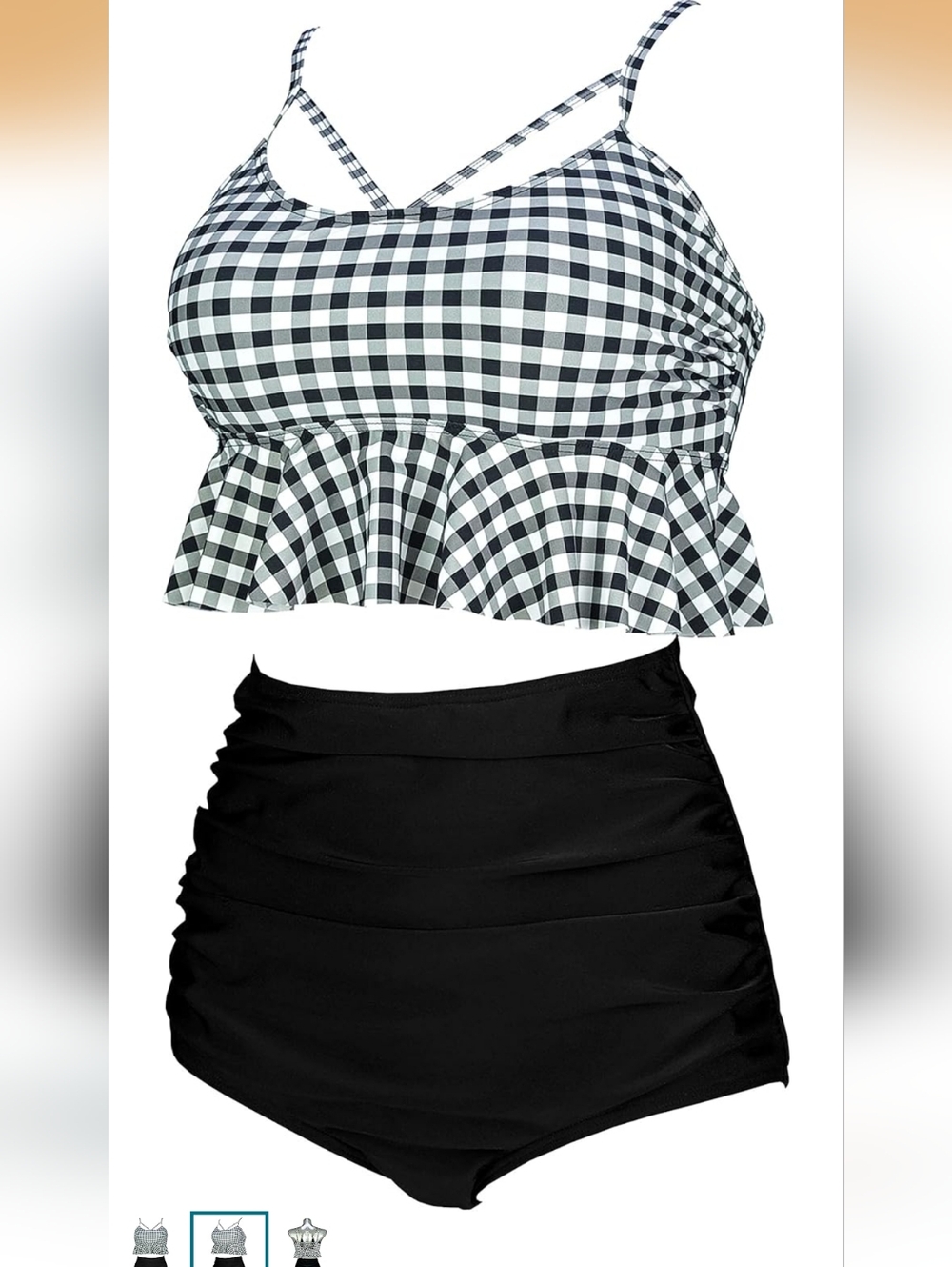Black & White Gingham Peplum Tankini Set
